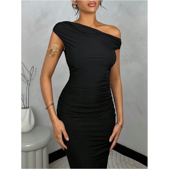 Women's Off Shoulder Maxi Dress Bodycon Ruched Asymmetrical Neck Casual Evening - Picture 4 of 5